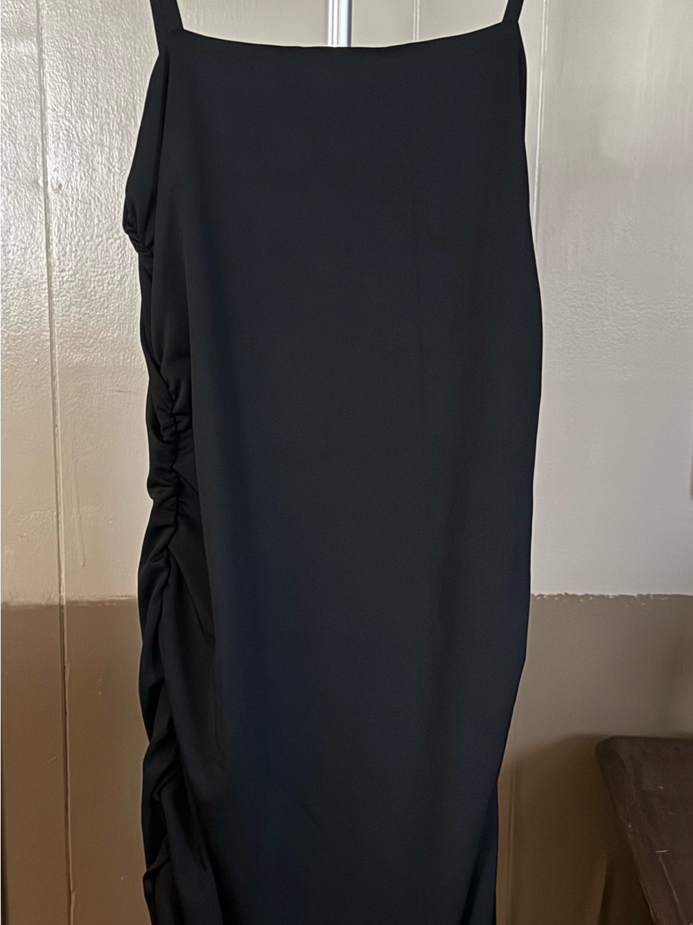 Black Spaghetti-Strap Midi Dress with Side Ruching Size Med #70